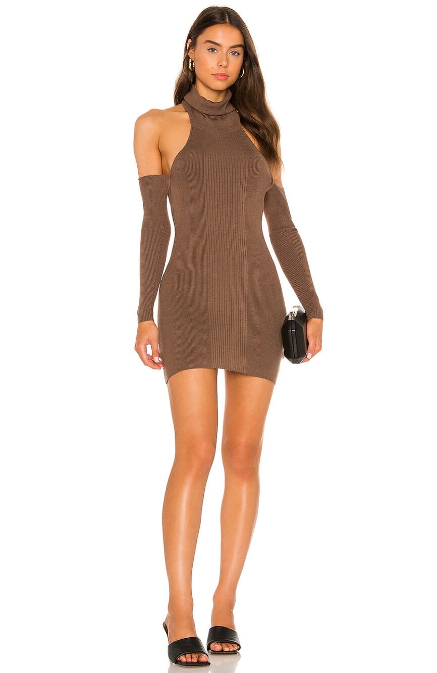 NWT Aya Muse Topaz Brown Ribbed Cold Shoulder Turtleneck Shirt Dress Size XS